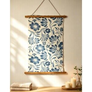 Indigo Floral Batik Textiles, Reversed Blue Flower Linen Fabric Art, Boho Scroll